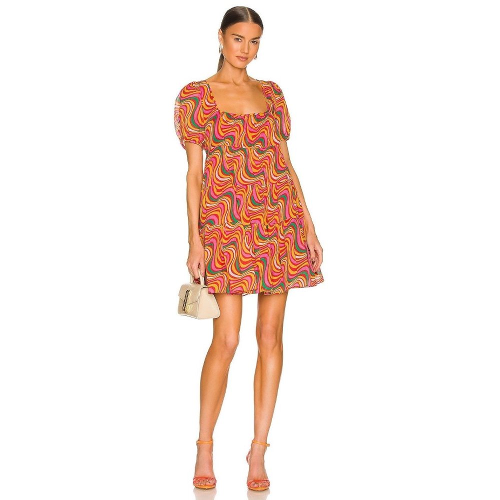 Rhode NWT Joan Swirl Print Mini Babydoll Dress in Positive Vibrations size Small